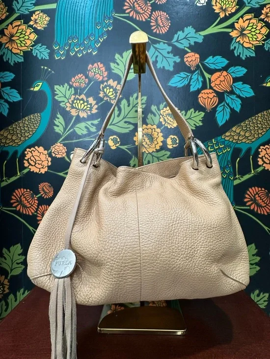 Furla Pebbled Leather Shoulder Tote Beige Tassel Made in Italy - Picture 4 of 12